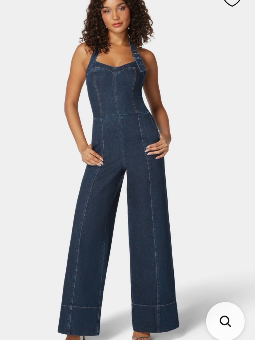 Bebe Halter Neck Buckle Detail Wide Leg Denim Jumpsuit - Picture 1 of 11